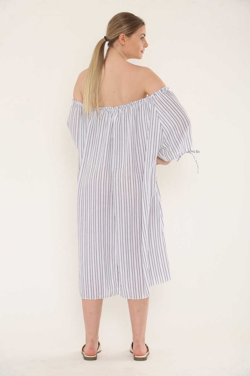 Pinstripe Bardot Dress - White