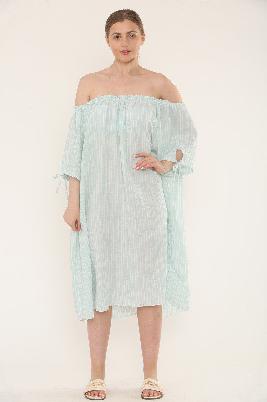 Pinstripe Bardot Dress - Mint
