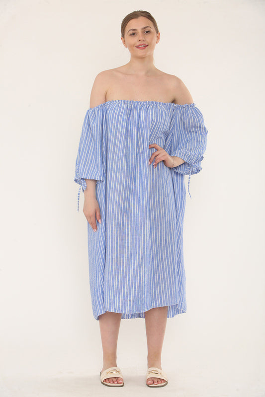 PINSTRIPE BARDOT DRESS - DENIM