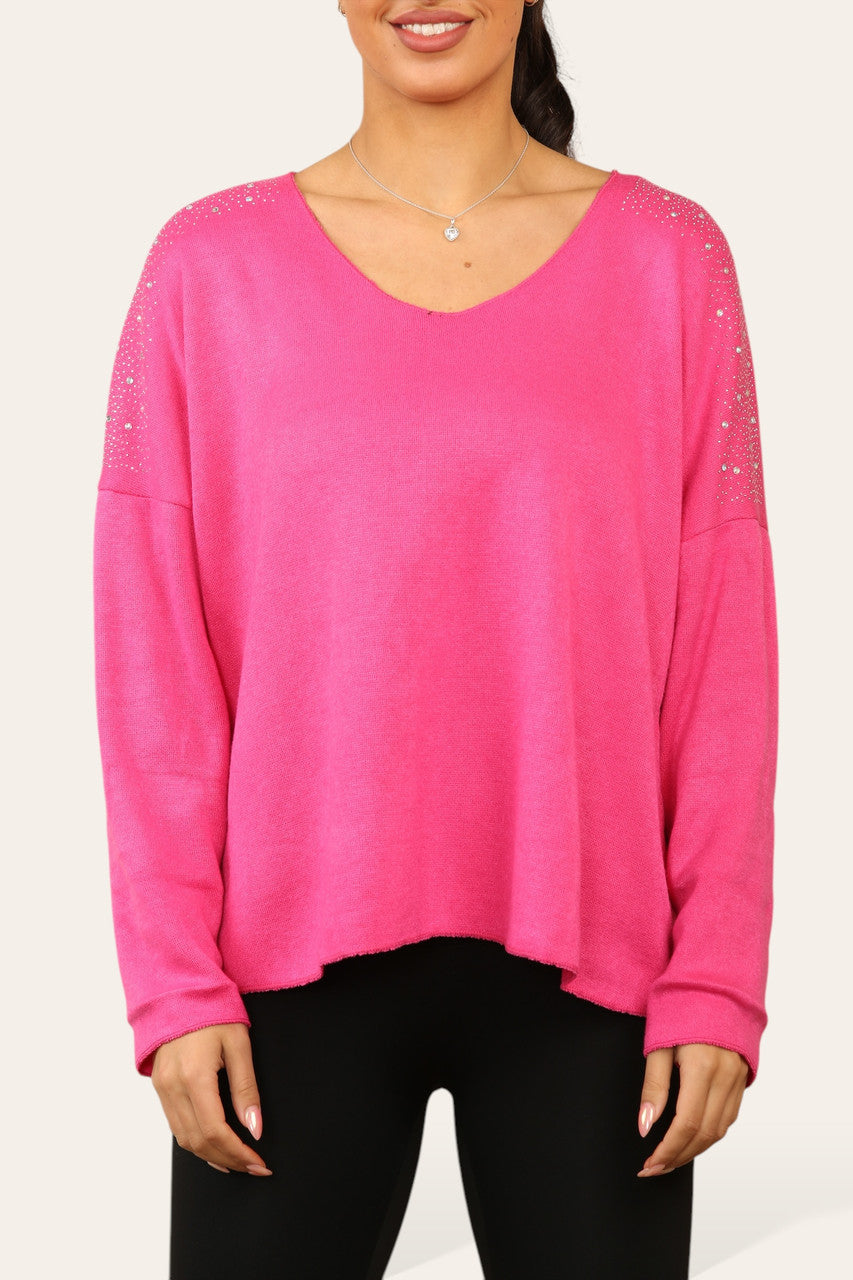 DIAMANTE SCHOUDERDETAIL GEBREIDE TRUI CERISE