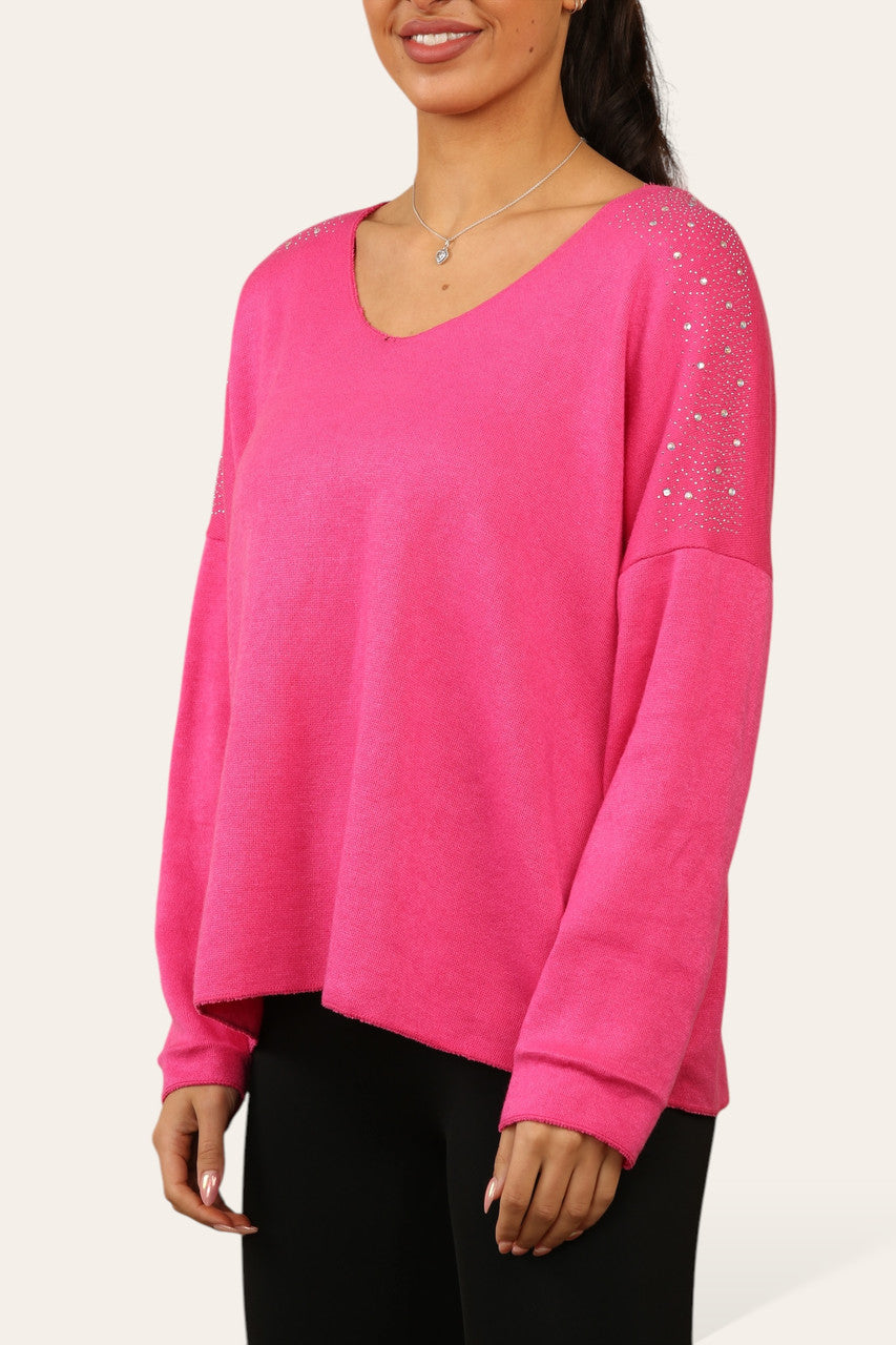 DIAMANTE SCHOUDERDETAIL GEBREIDE TRUI CERISE