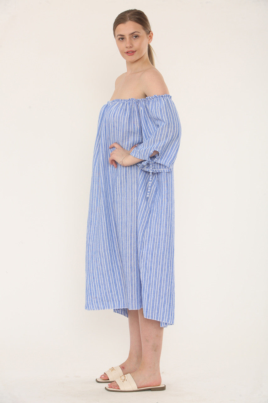 PINSTRIPE BARDOT JURK - DENIM