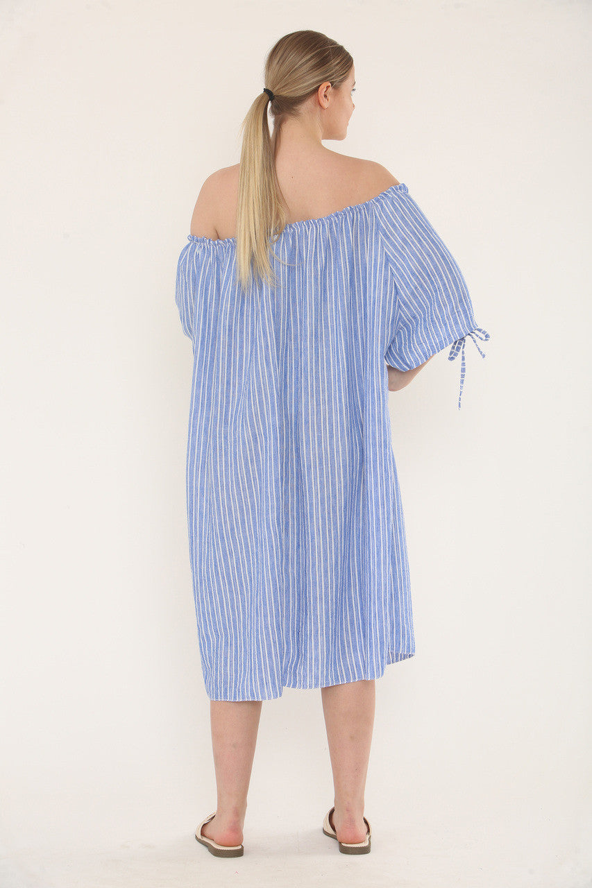 PINSTRIPE BARDOT JURK - DENIM