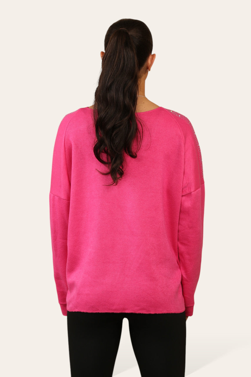DIAMANTE SCHOUDERDETAIL GEBREIDE TRUI CERISE