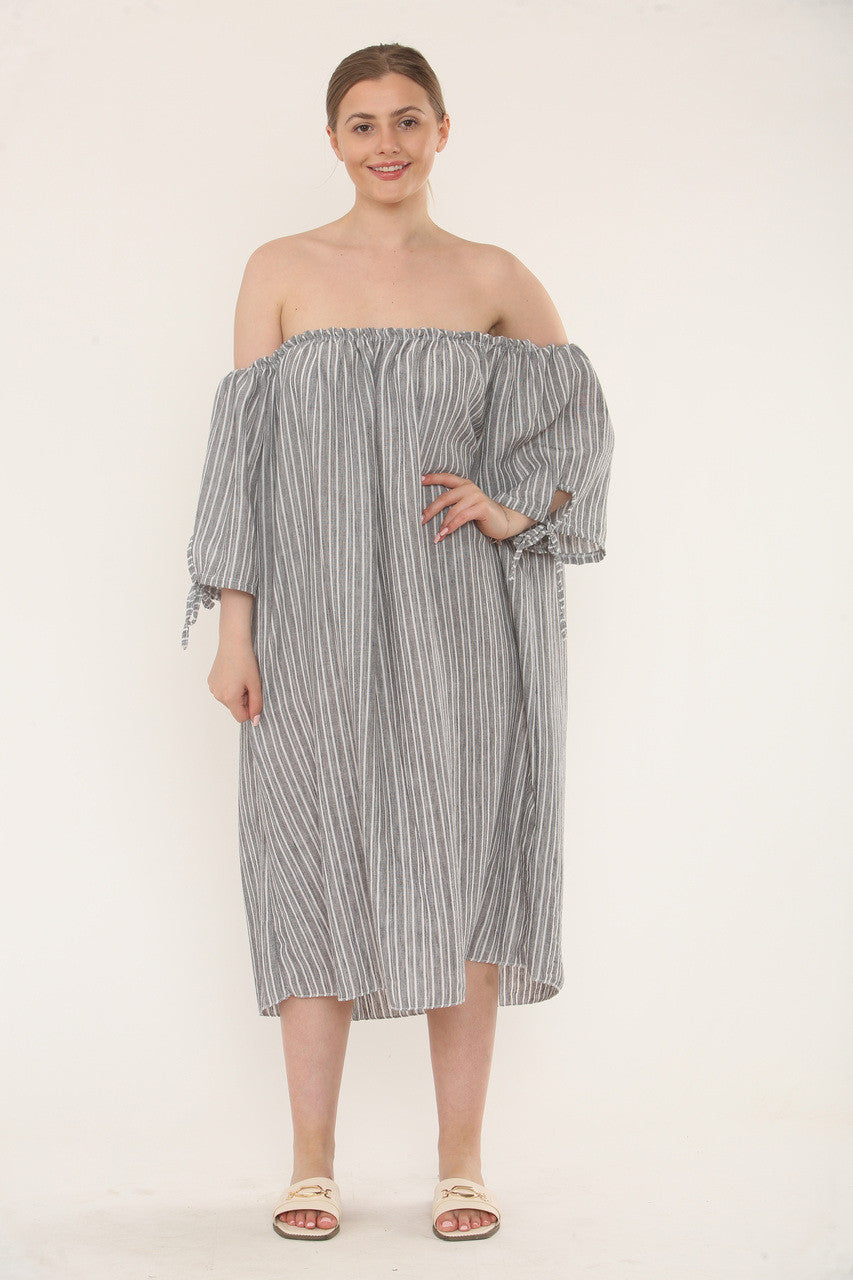 Pinstripe Bardot Dress - Charcoal