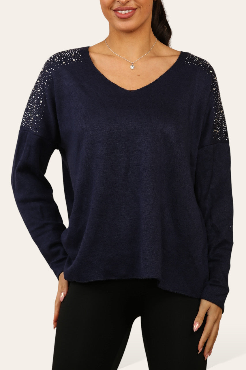 DIAMANTE SHOULDER DETAIL KNIT JUMPER NAVY