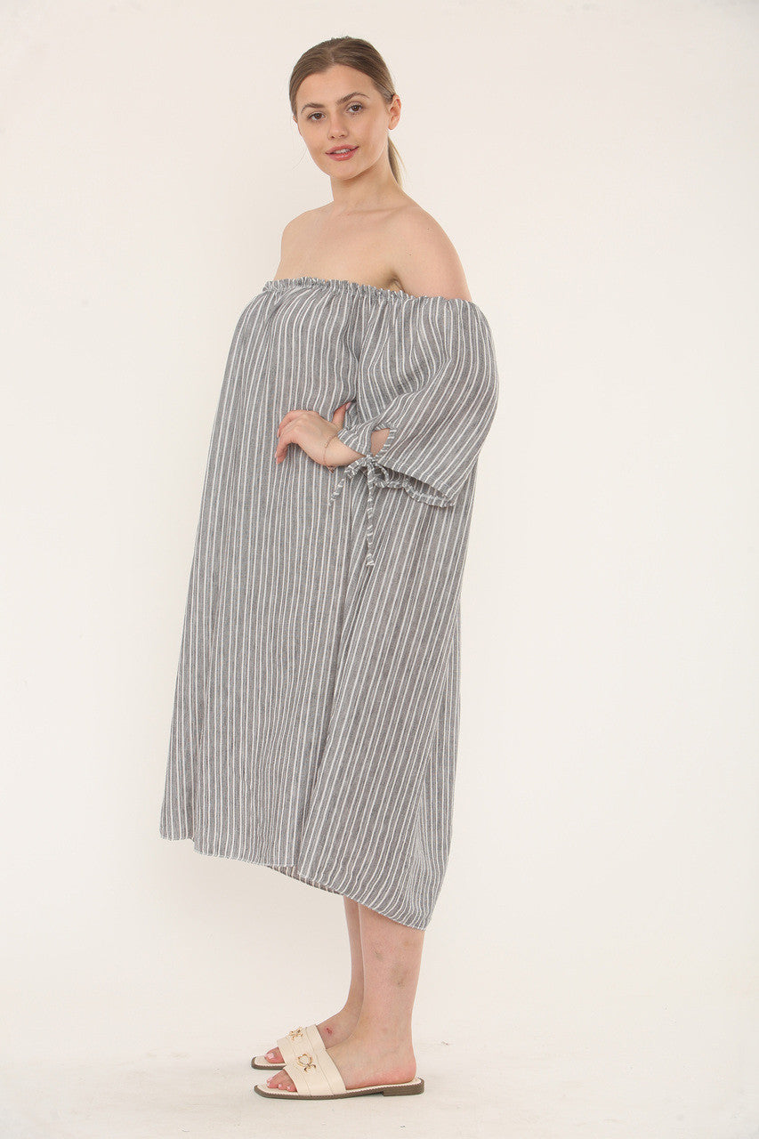 Pinstripe Bardot Dress - Charcoal