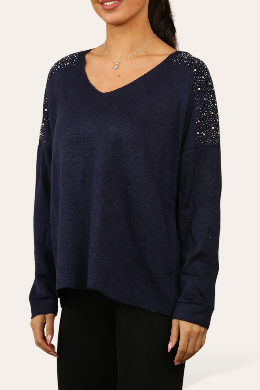 DIAMANTE SHOULDER DETAIL KNIT JUMPER NAVY