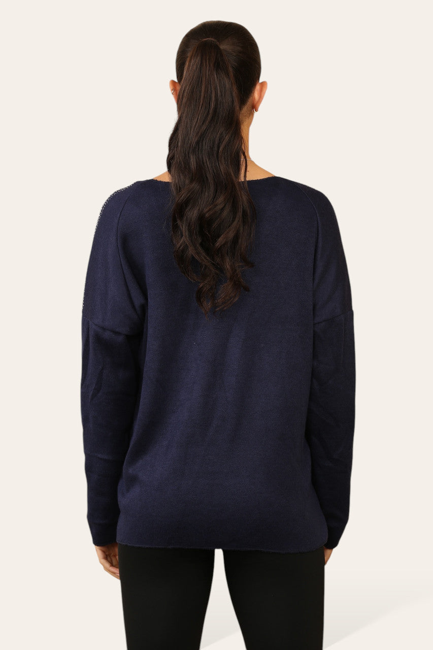 DIAMANTE SHOULDER DETAIL KNIT JUMPER NAVY