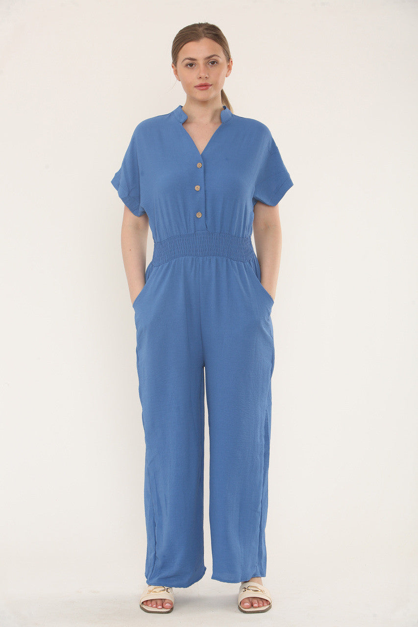 JUMPSUIT MET KORTE MOUWEN EN ELASTISCHE TAILLEBAND - DENIM