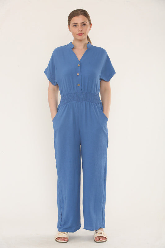 ELASTICATED WAIST UTILITY SHORT SLEEVE JUMPSUIT - DENIM
