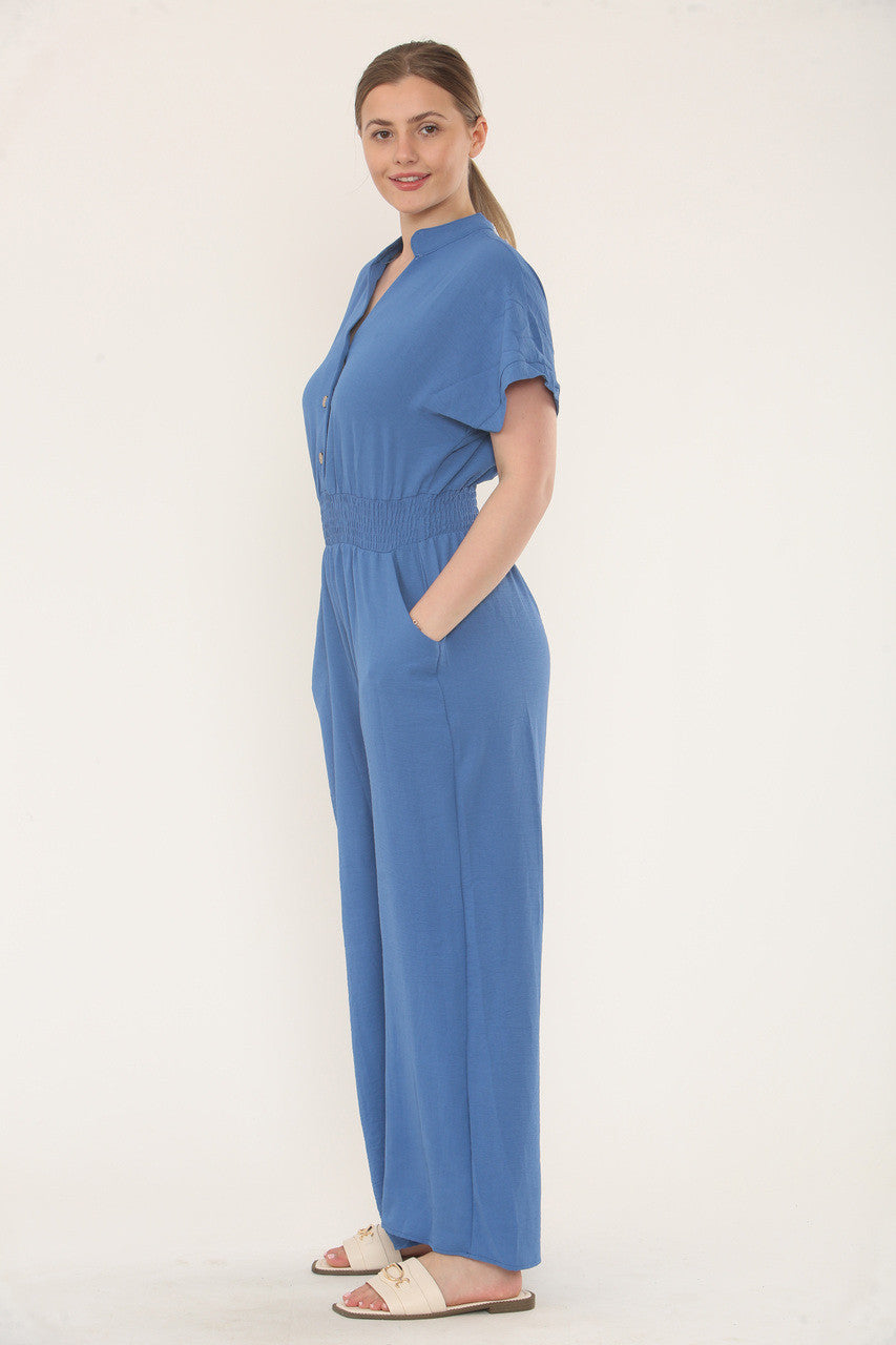 JUMPSUIT MET KORTE MOUWEN EN ELASTISCHE TAILLEBAND - DENIM