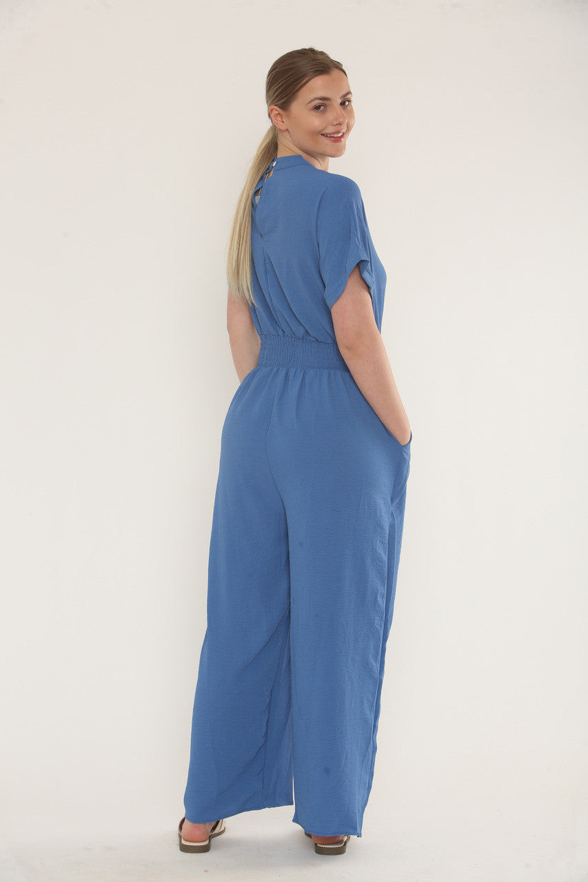 JUMPSUIT MET KORTE MOUWEN EN ELASTISCHE TAILLEBAND - DENIM
