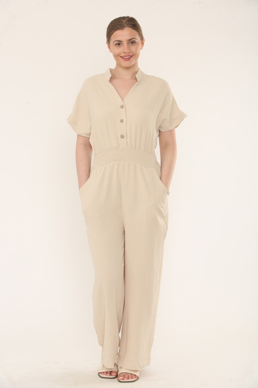 JUMPSUIT MET KORTE MOUWEN EN ELASTISCHE TAILLE - ZAND