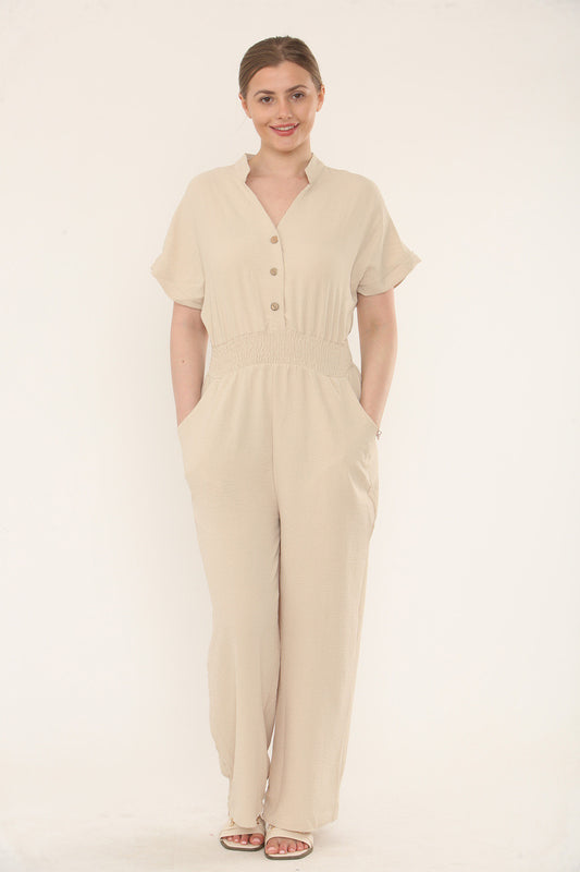 ELASTICATED WAIST UTILITY SHORT SLEEVE JUMPSUIT - SAND