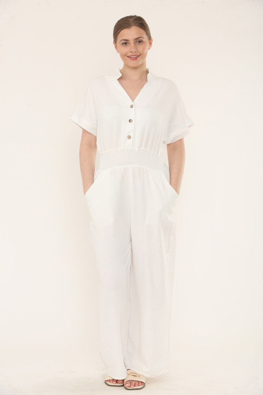 JUMPSUIT MET KORTE MOUWEN EN ELASTISCHE TAILLE - WIT