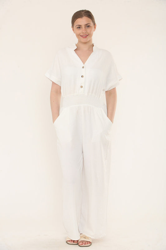 ELASTICATED WAIST UTILITY SHORT SLEEVE JUMPSUIT - WHITE
