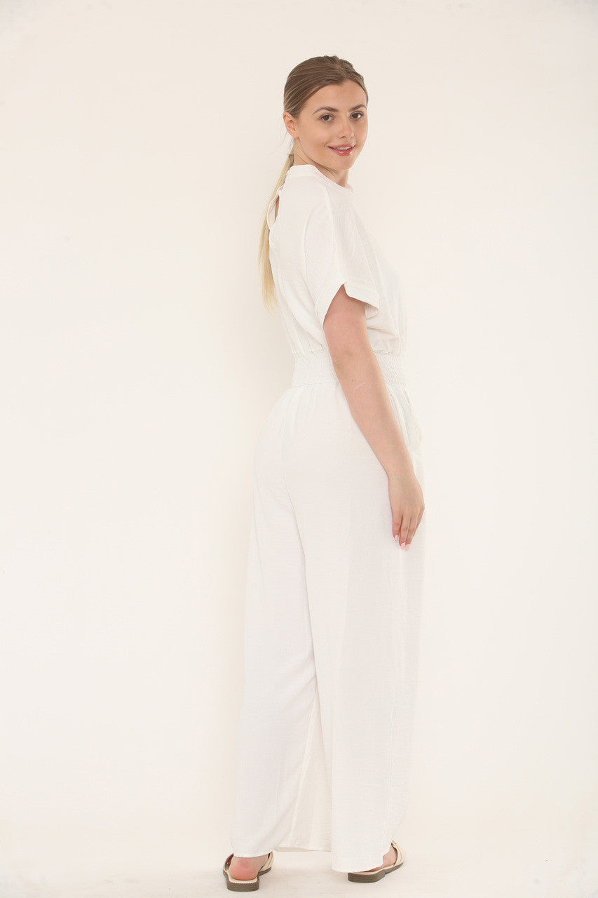 JUMPSUIT MET KORTE MOUWEN EN ELASTISCHE TAILLE - WIT