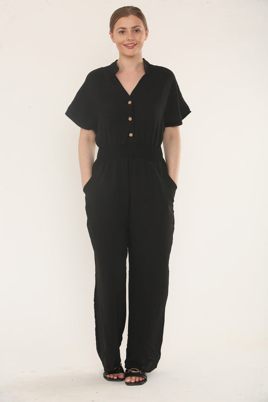 ELASTICATED WAIST UTILITY SHORT SLEEVE JUMPSUIT - BLACK