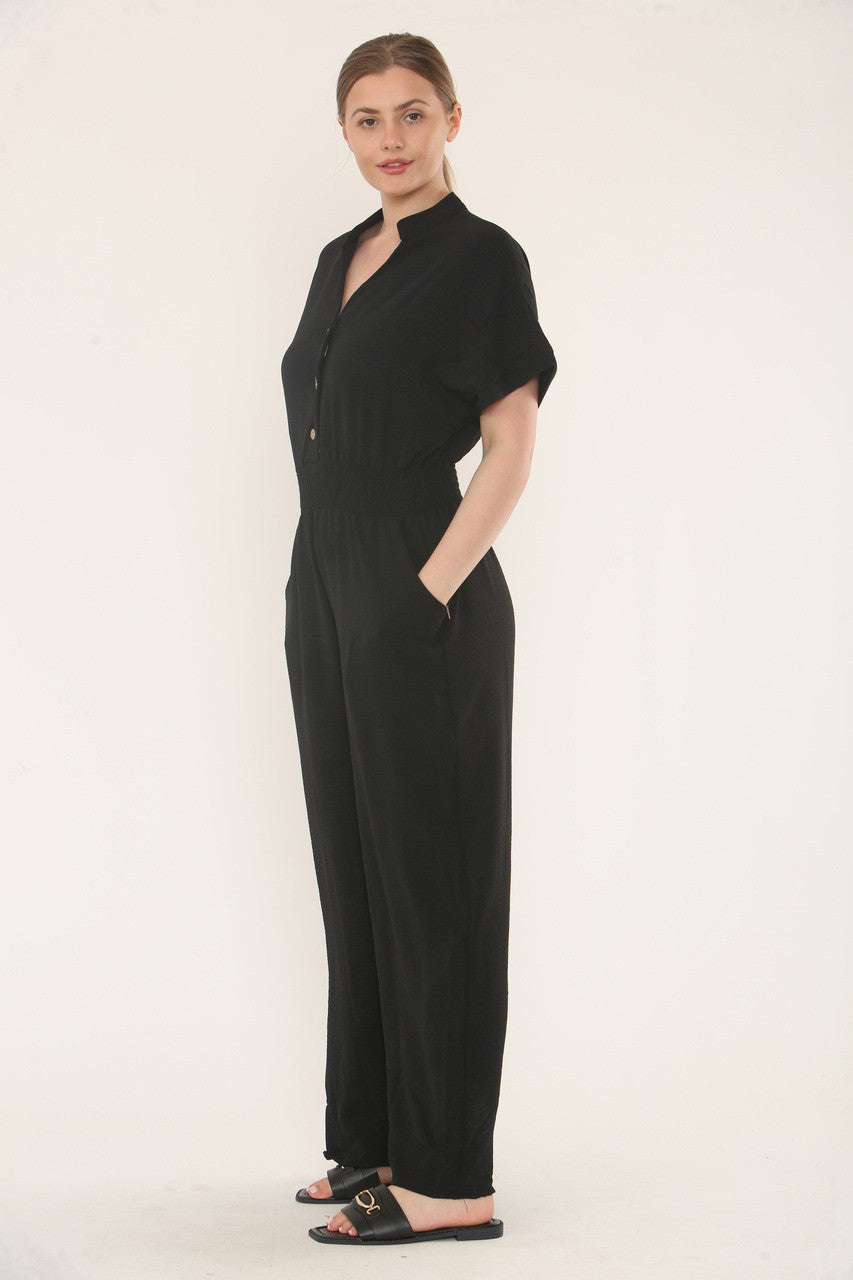 JUMPSUIT MET KORTE MOUWEN EN ELASTISCHE TAILLEBAND - ZWART