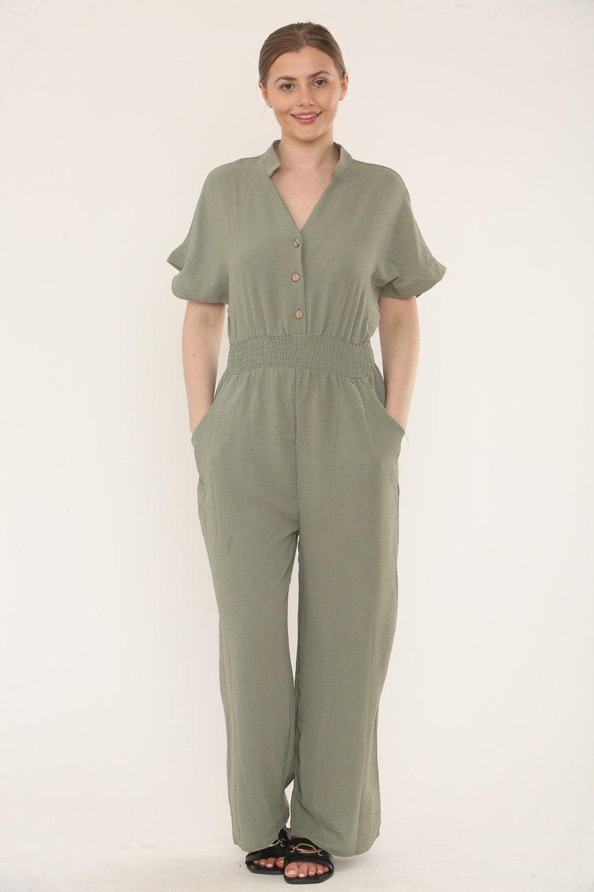 JUMPSUIT MET KORTE MOUWEN EN ELASTISCHE TAILLEBAND - KAKI