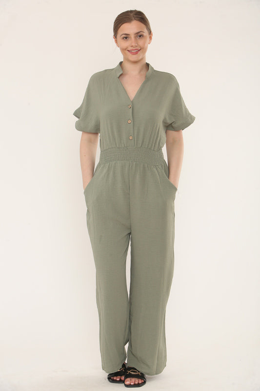 ELASTICATED WAIST UTILITY SHORT SLEEVE JUMPSUIT - KHAKI