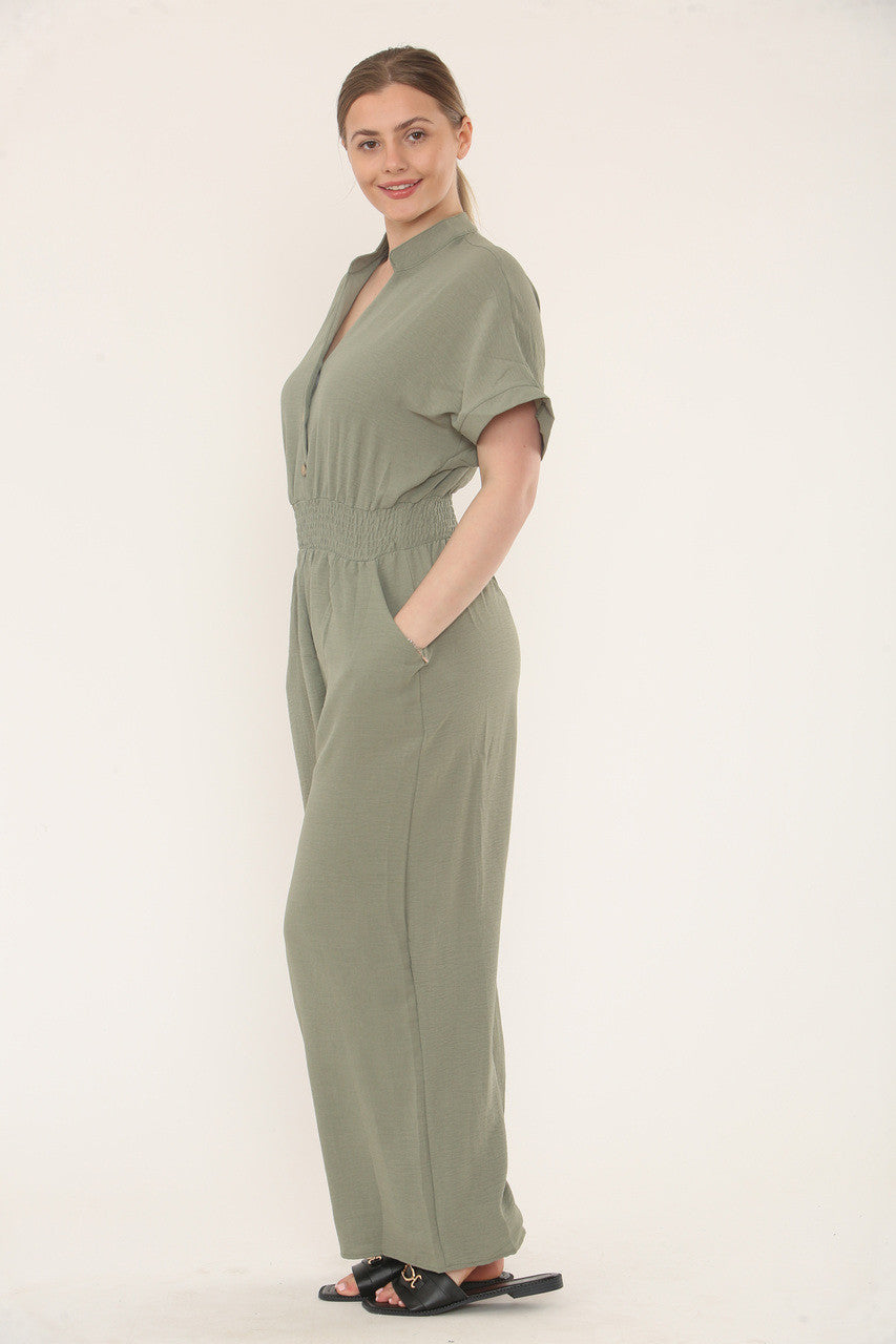 JUMPSUIT MET KORTE MOUWEN EN ELASTISCHE TAILLEBAND - KAKI
