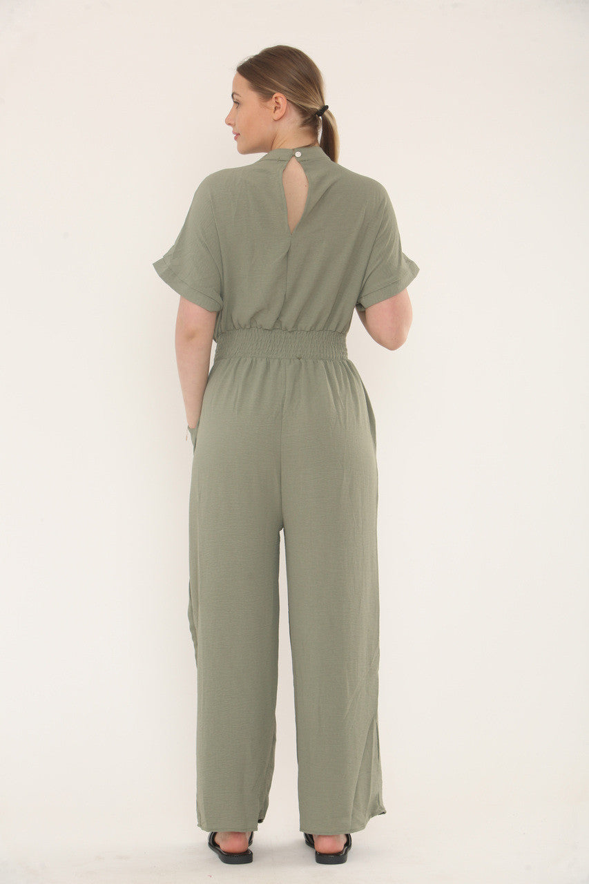 JUMPSUIT MET KORTE MOUWEN EN ELASTISCHE TAILLEBAND - KAKI