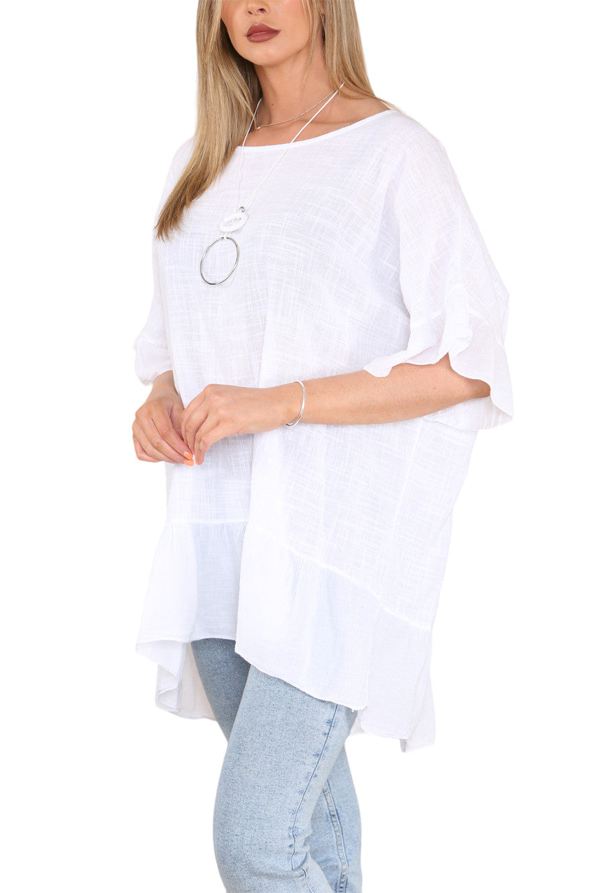 Ladies Frill Hem & Sleeve Floaty Top White