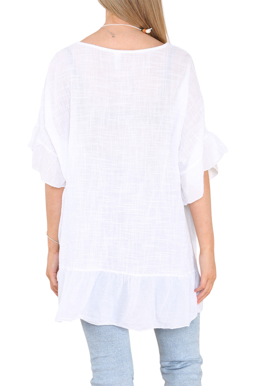 Ladies Frill Hem & Sleeve Floaty Top White