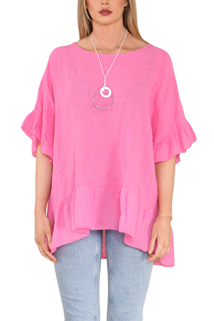 Ladies Frill Hem & Sleeve Floaty Top Cerise