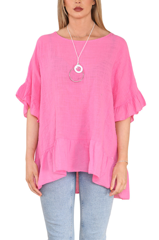 Dames Floaty Top met Ruches aan Zoom & Mouwen Cerise