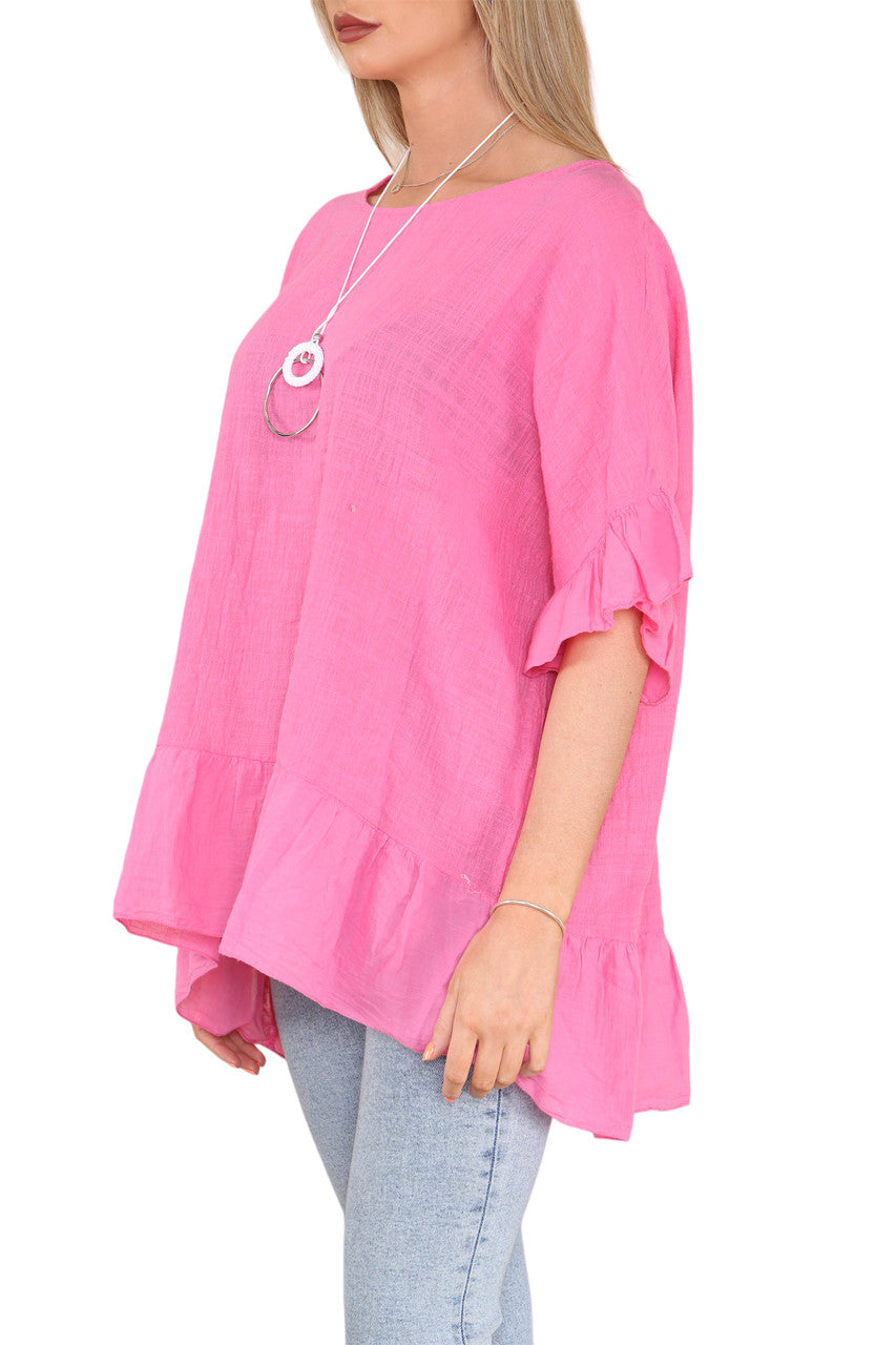 Ladies Frill Hem & Sleeve Floaty Top Cerise