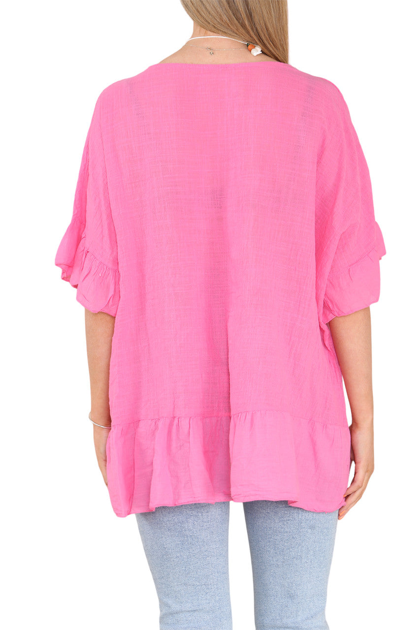 Ladies Frill Hem & Sleeve Floaty Top Cerise