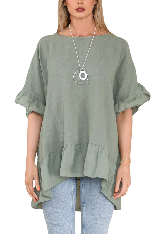 Dames Floaty Top met Franjezoom en Mouwen Khaki