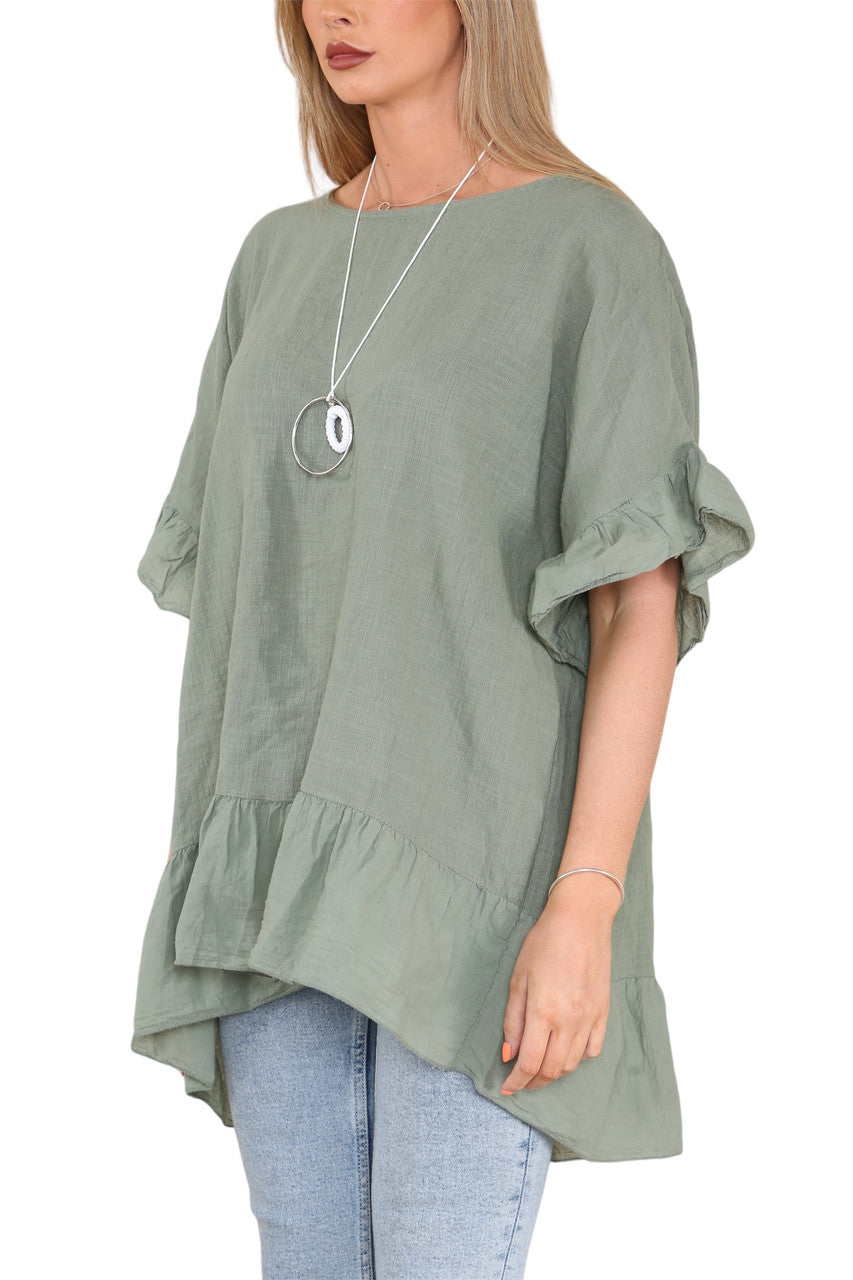 Ladies Frill Hem & Sleeve Floaty Top Khaki