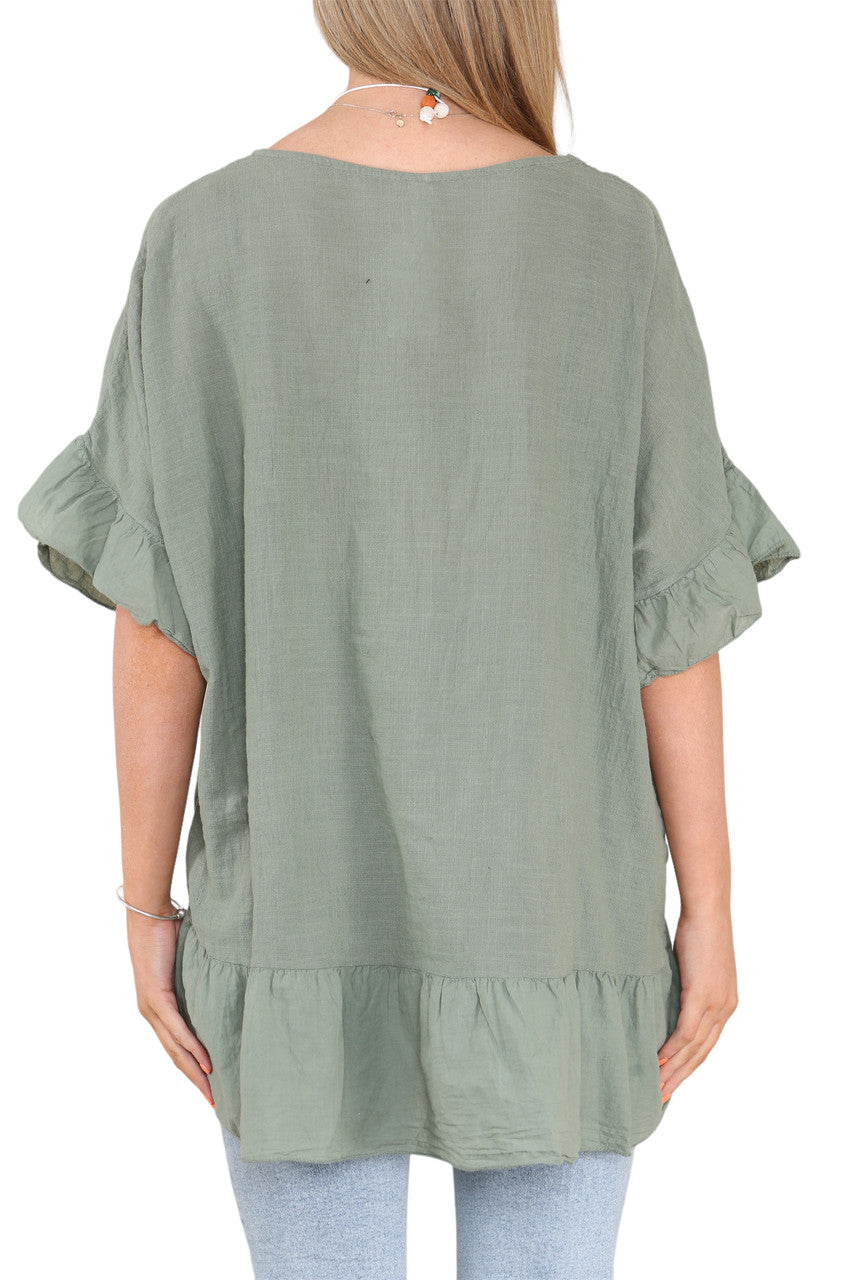 Ladies Frill Hem & Sleeve Floaty Top Khaki