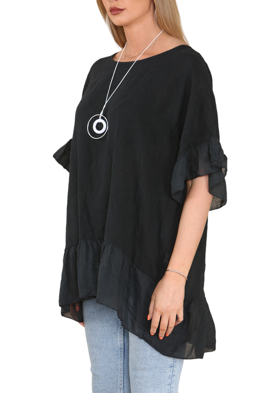 Ladies Frill Hem & Sleeve Floaty Top Black
