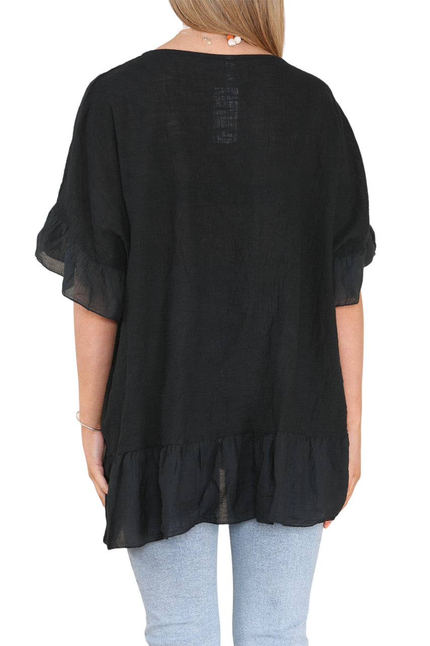 Ladies Frill Hem & Sleeve Floaty Top Black