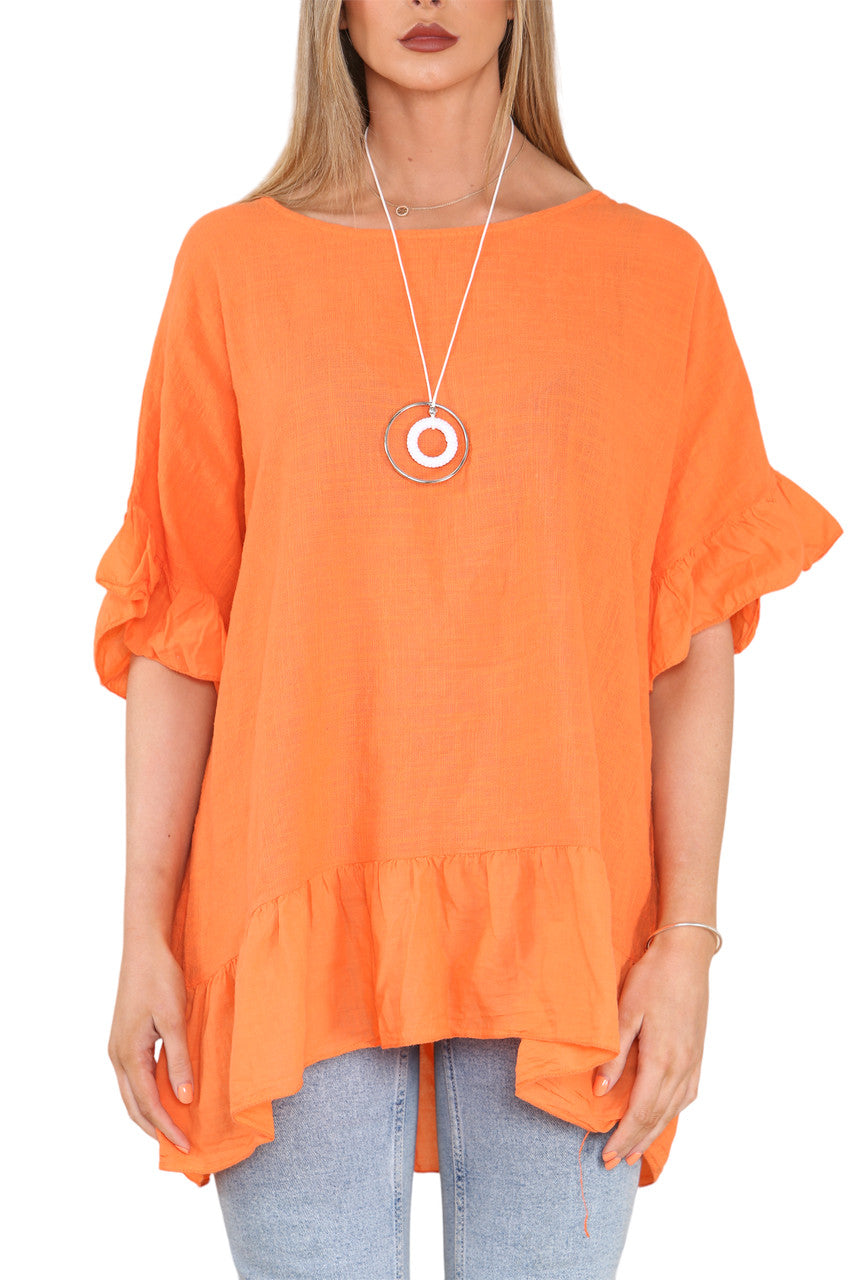 Ladies Frill Hem & Sleeve Floaty Top Orange