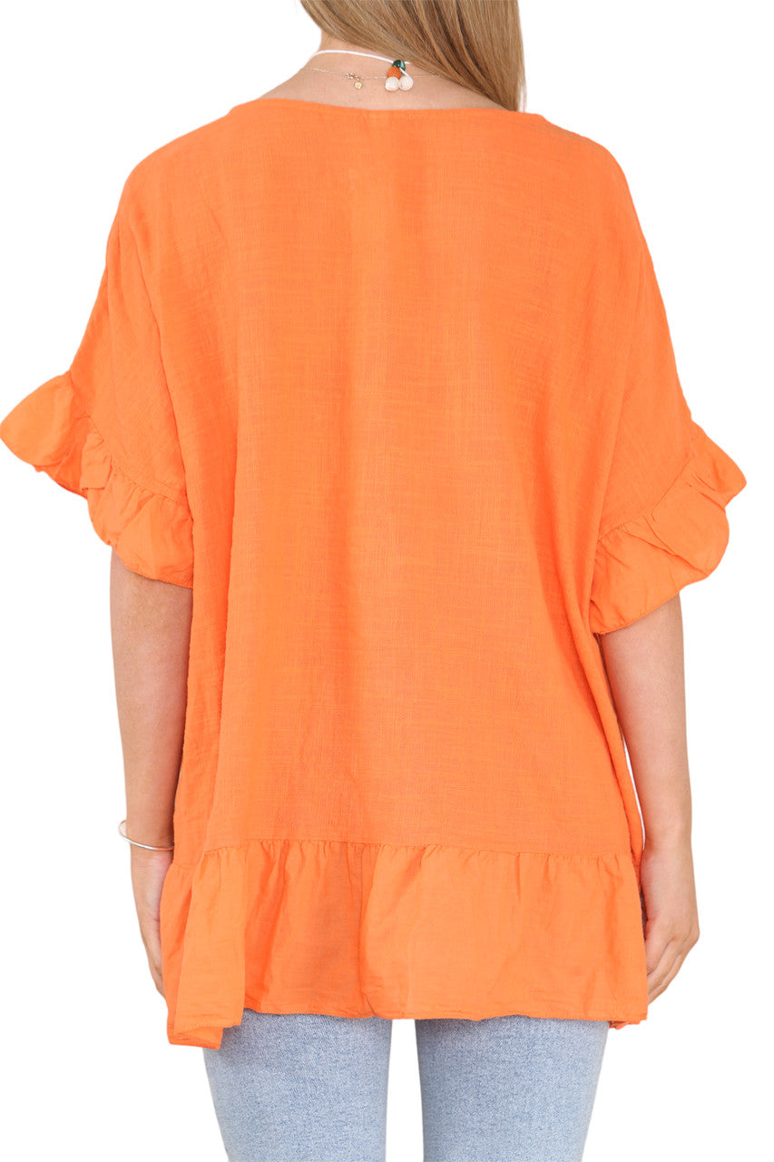 Ladies Frill Hem & Sleeve Floaty Top Orange