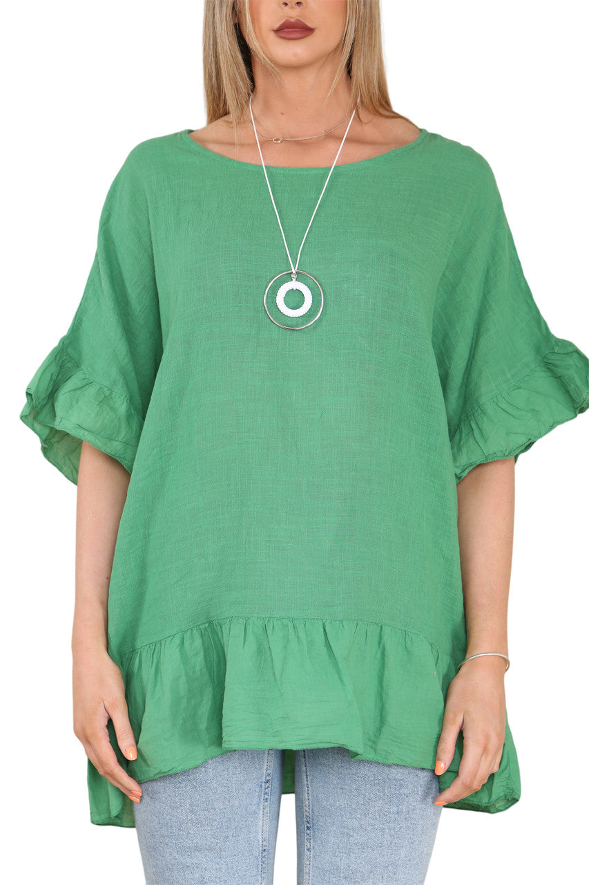 Ladies Frill Hem & Sleeve Floaty Top Green