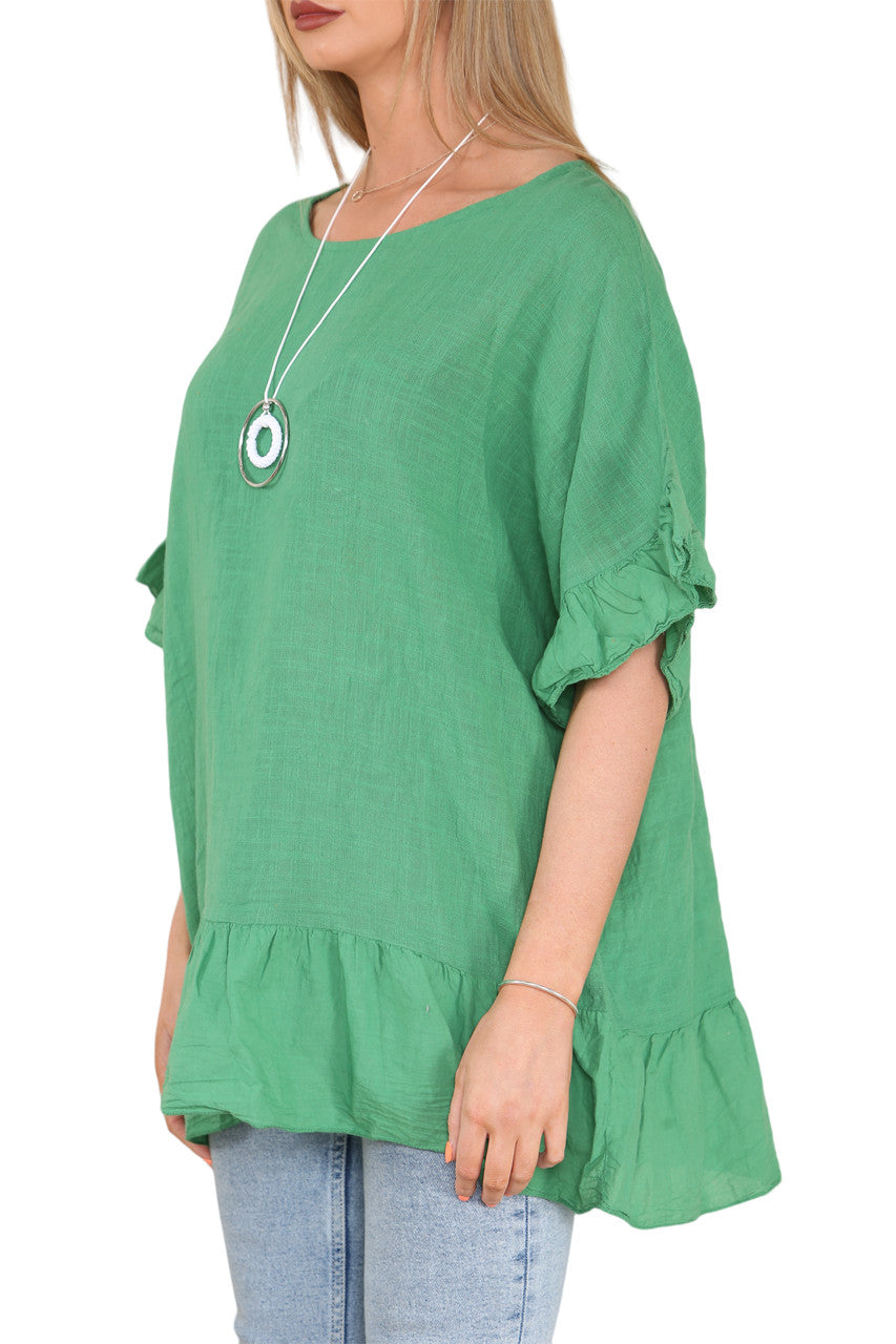 Ladies Frill Hem & Sleeve Floaty Top Green
