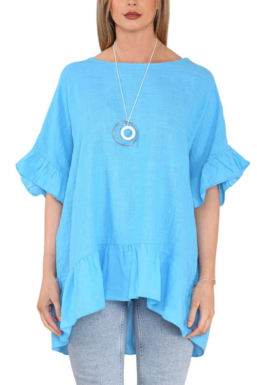 Ladies Frill Hem & Sleeve Floaty Top Turquoise
