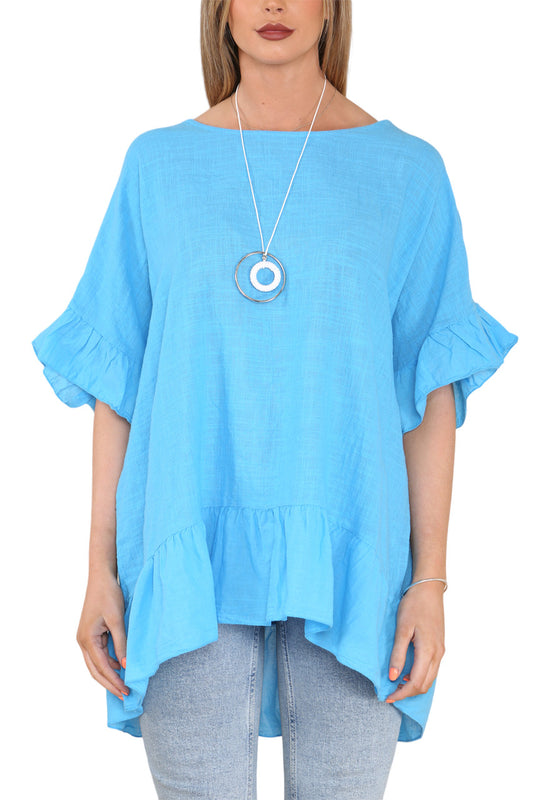 Dames Floaty Top met Ruches aan Zoom en Mouwen Turkoois
