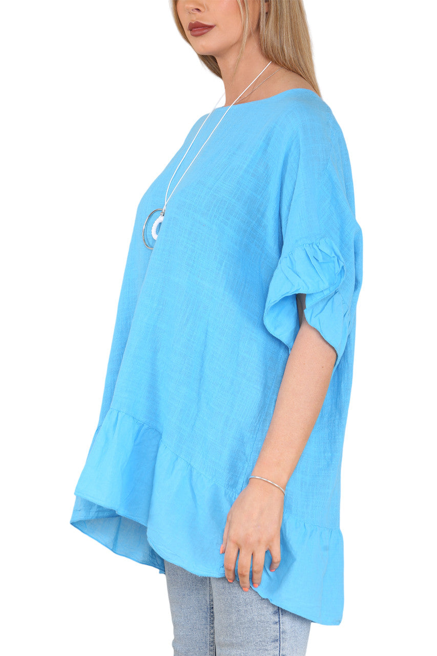 Ladies Frill Hem & Sleeve Floaty Top Turquoise