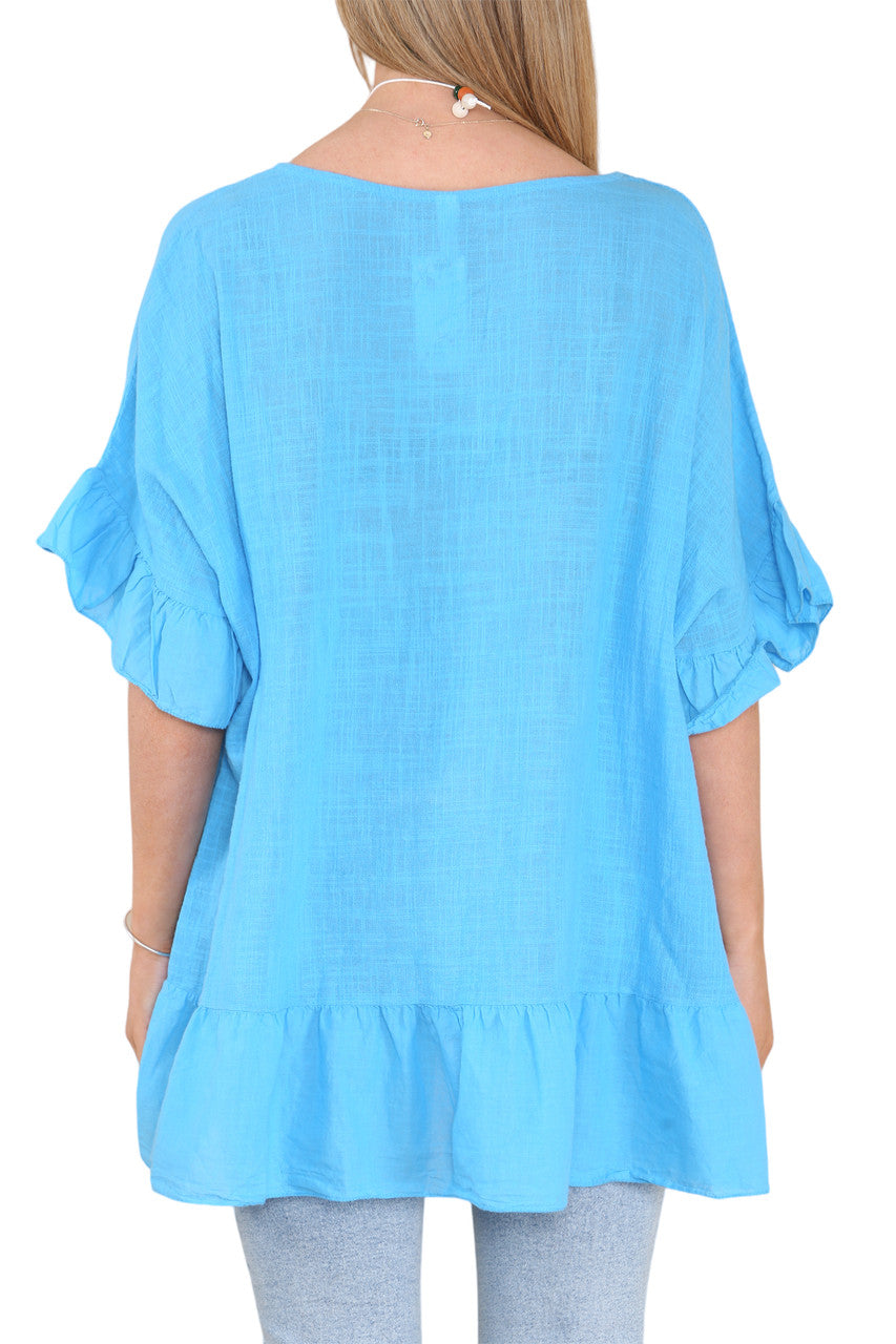 Ladies Frill Hem & Sleeve Floaty Top Turquoise
