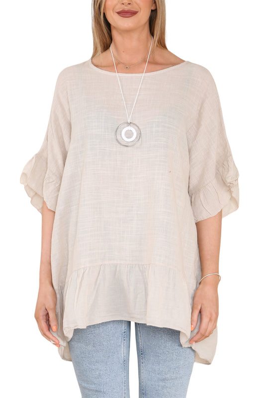 Dames Floaty Top met Ruches aan Zoom en Mouwen Steen