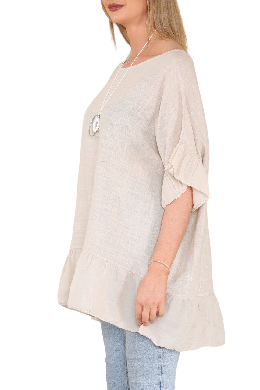 Ladies Frill Hem & Sleeve Floaty Top Stone