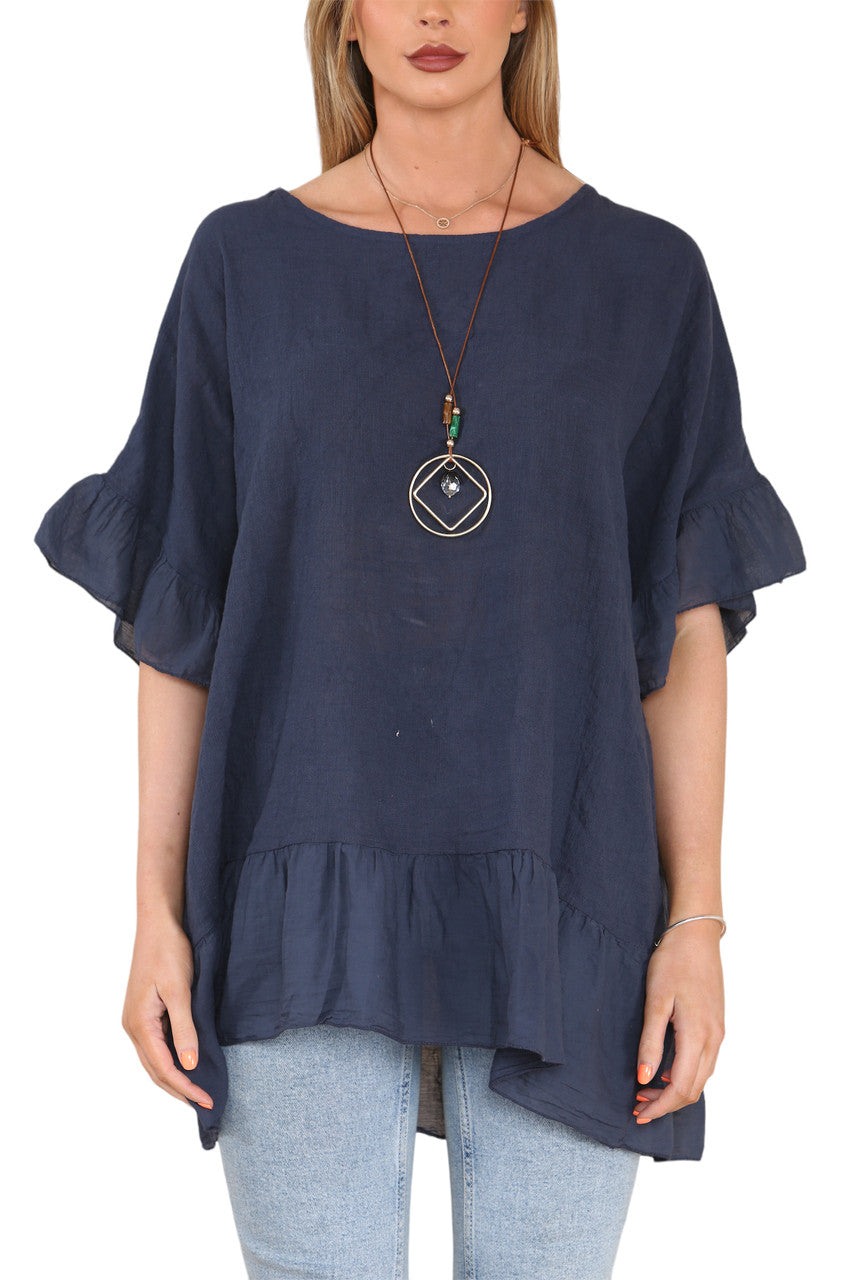 Ladies Frill Hem & Sleeve Floaty Top Navy